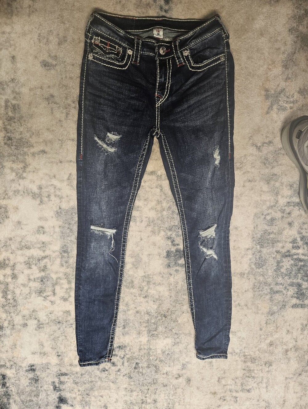 Vintage True Religion Distressed Slim Fit Jeans With Contrast Stitch